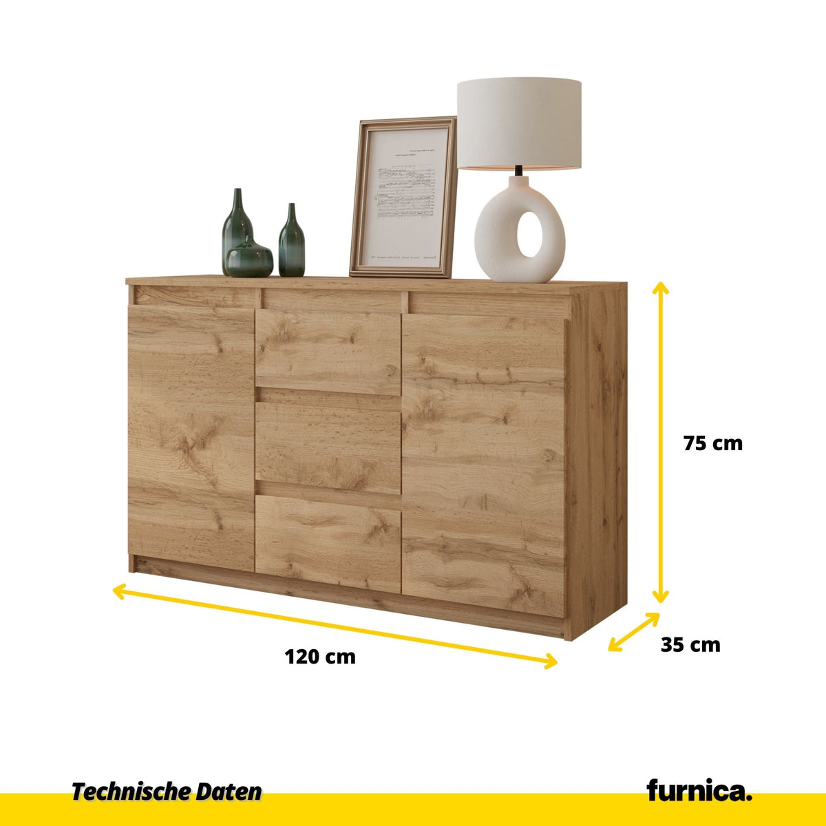 LUITZEN Dressoir 120 x 75 x 35 cm – Sideboard met 2 Deuren & 3 Laden, Wotan Eiken, Opbergkast