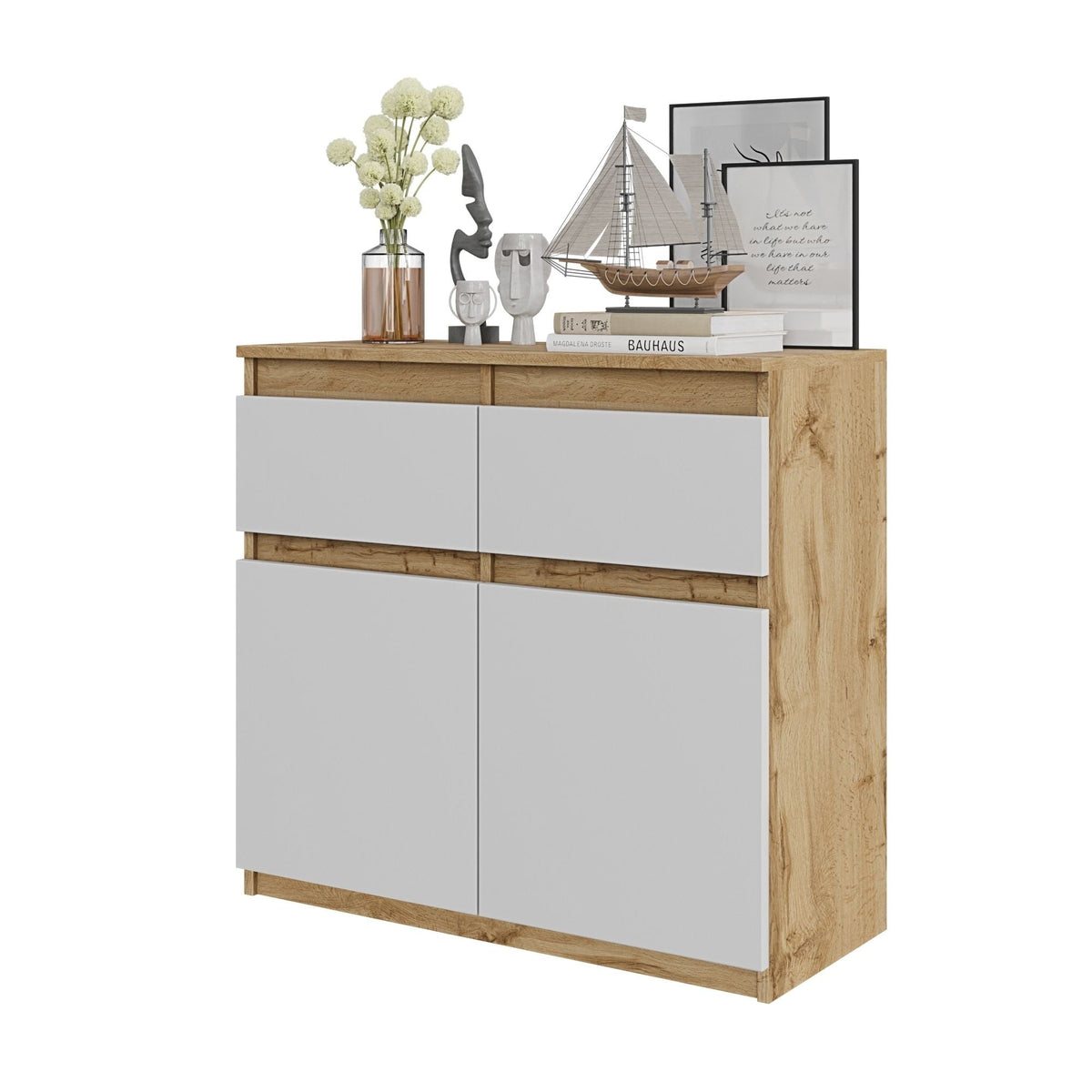CONRAD Dressoir 80 x 75 x 35 cm – Sideboard met 2 Deuren & 2 Laden, Wotan Eiken & Mat Wit, Opbergkast