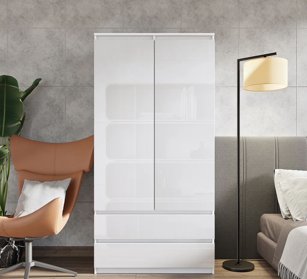 MARIUS Kledingkast 90 x 180 x 50 cm – 2 Deuren & 2 Lades, Mat Wit & Hoogglans Wit