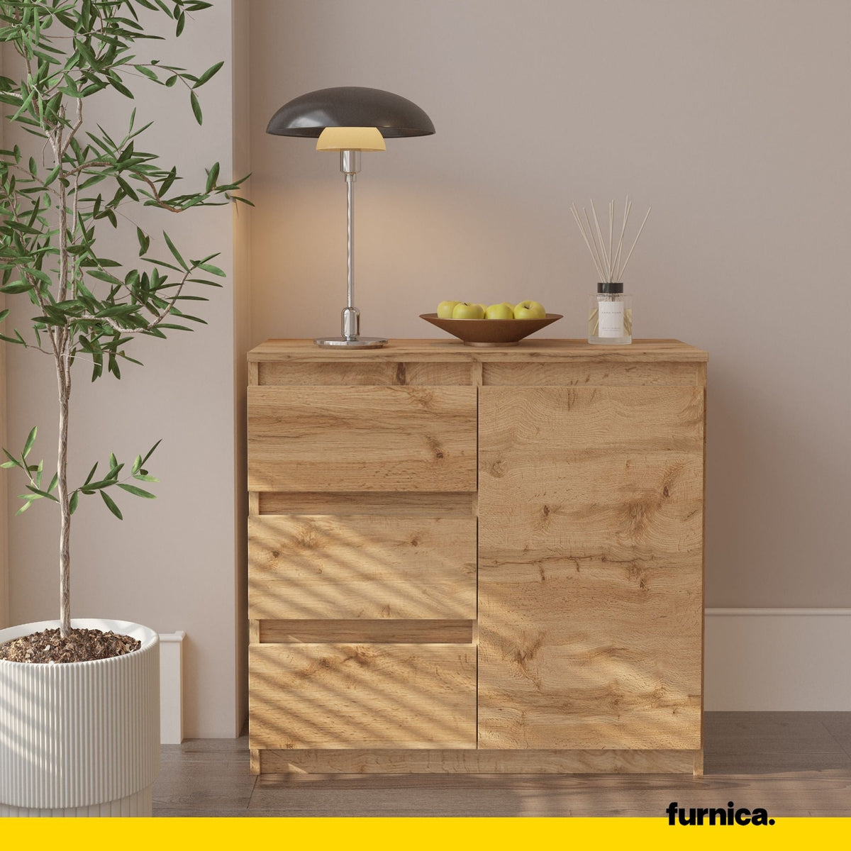 JUSTUS Dressoir 80 x 75 x 35 cm – Sideboard met 1 Deur & 3 Laden, Wotan Eiken, Opbergkast
