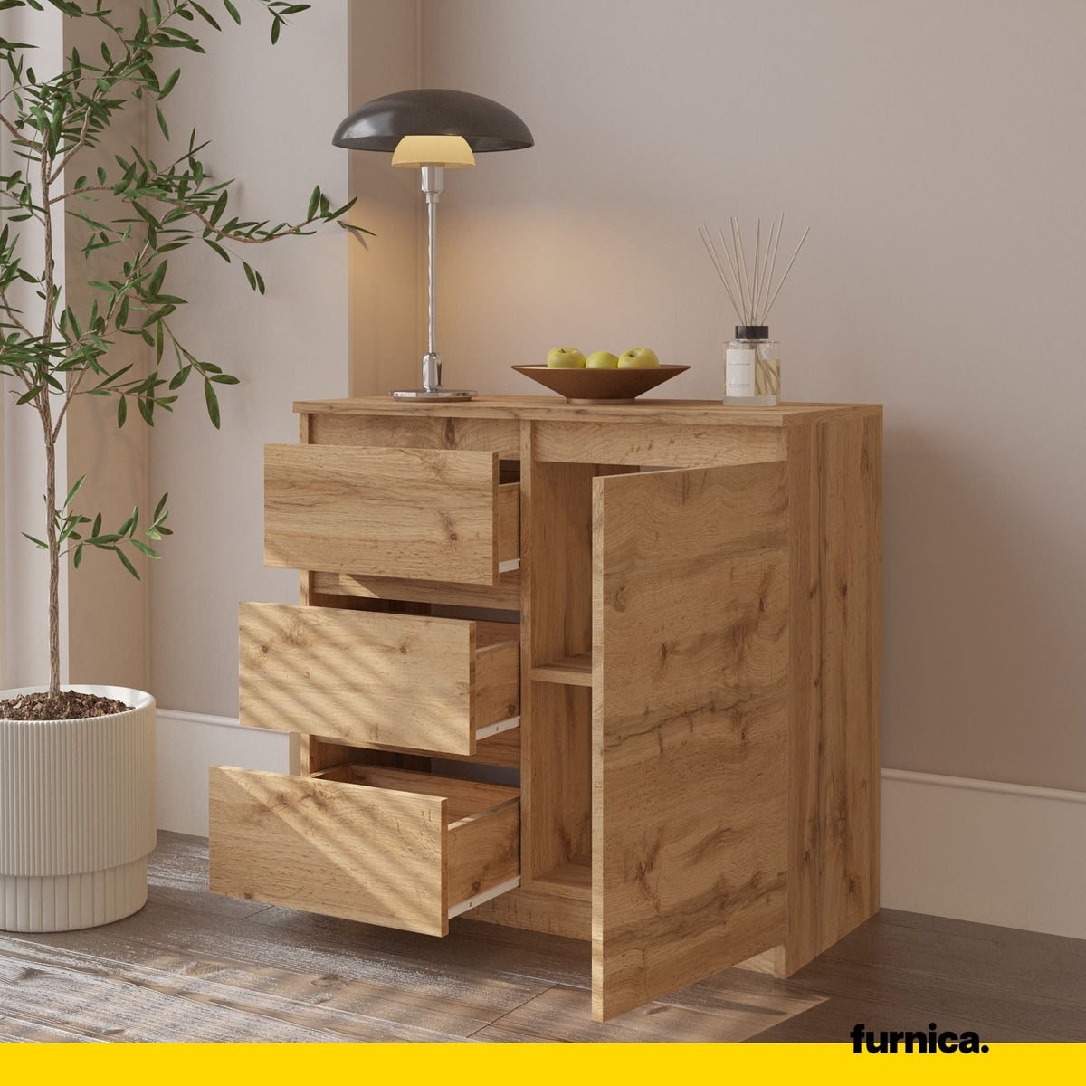 JUSTUS Dressoir 80 x 75 x 35 cm – Sideboard met 1 Deur & 3 Laden, Wotan Eiken, Opbergkast