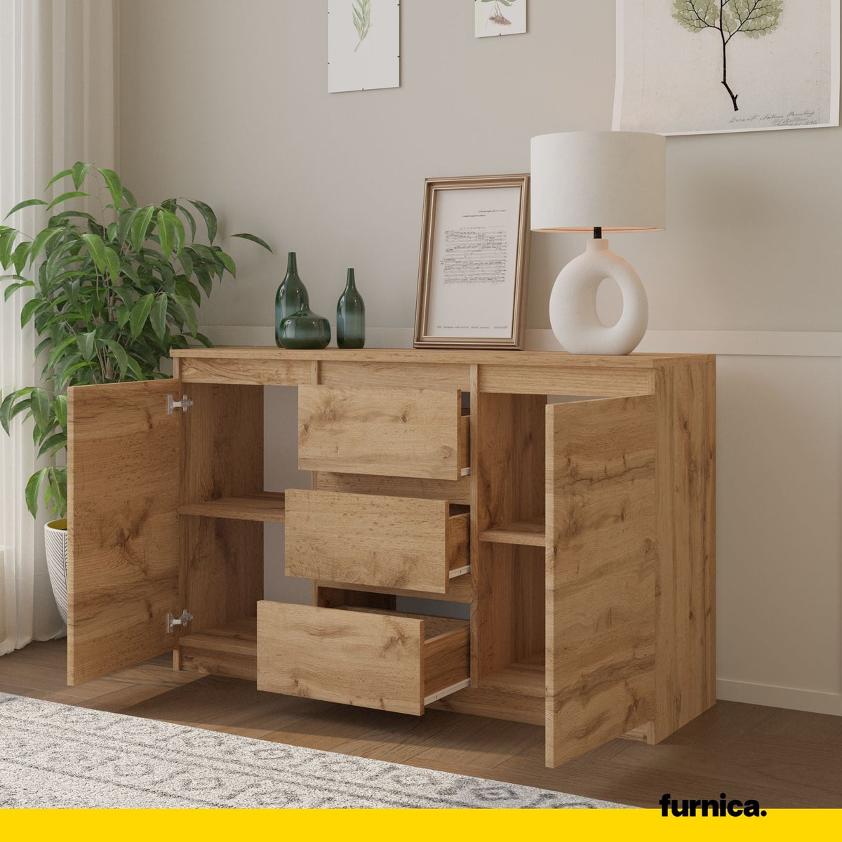 LUITZEN Dressoir 120 x 75 x 35 cm – Sideboard met 2 Deuren & 3 Laden, Wotan Eiken, Opbergkast