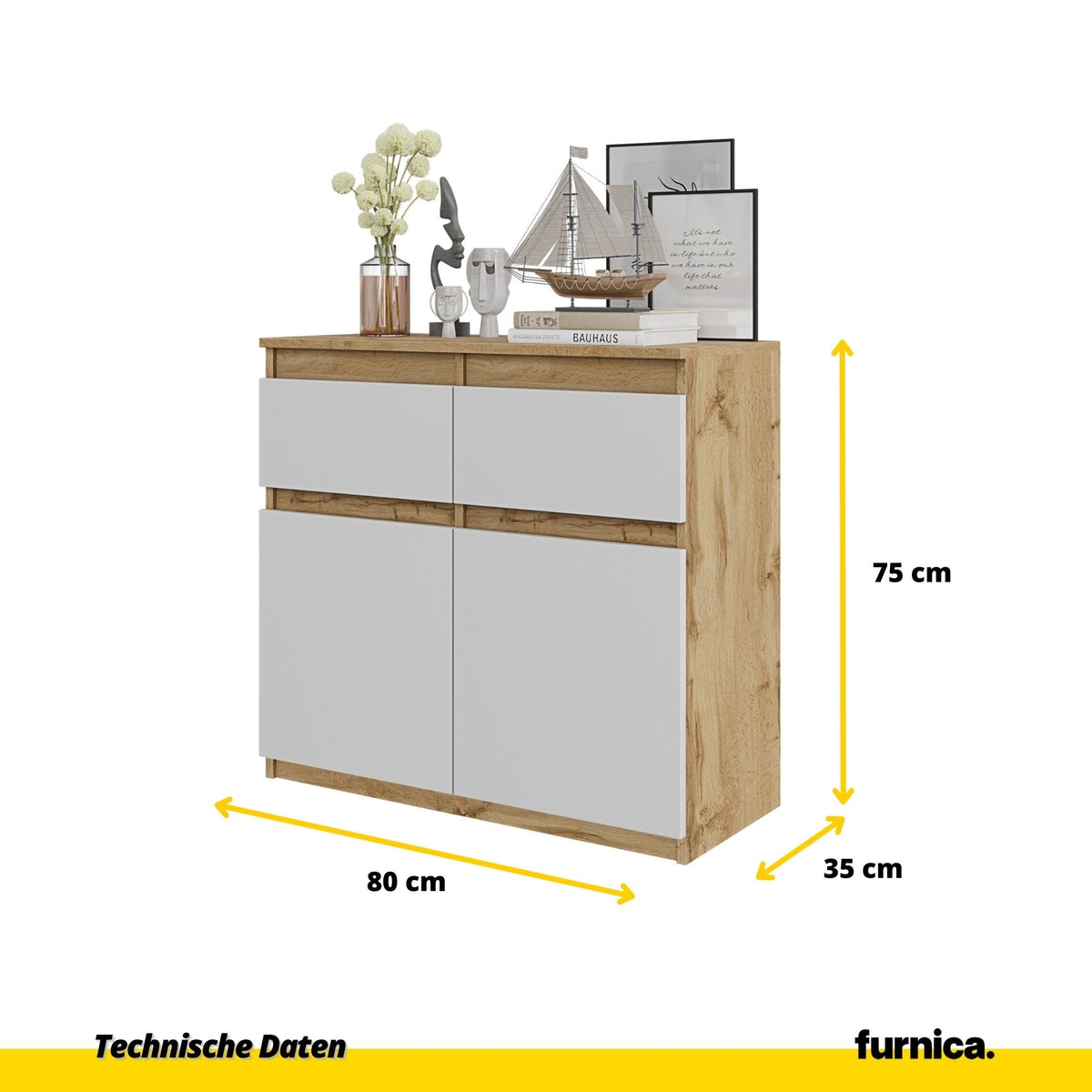 CONRAD Dressoir 80 x 75 x 35 cm – Sideboard met 2 Deuren & 2 Laden, Wotan Eiken & Mat Wit, Opbergkast