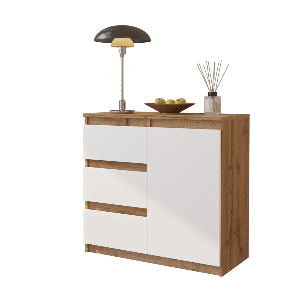 CONRAD Dressoir 80 x 75 x 35 cm – Sideboard met 1 Deur & 3 Laden, Wotan Eiken & Mat Wit, Opbergkast