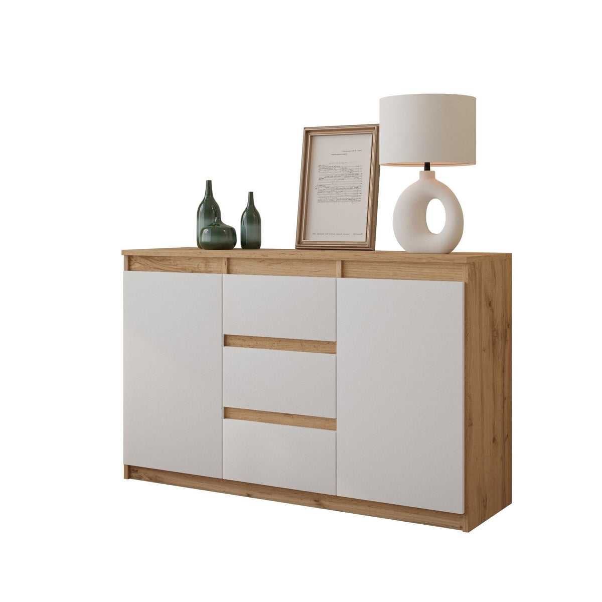 CONRAD Dressoir 120 x 75 x 35 cm – Sideboard met 2 Deuren & 3 Laden, Wotan Eiken & Mat Wit, Opbergkast