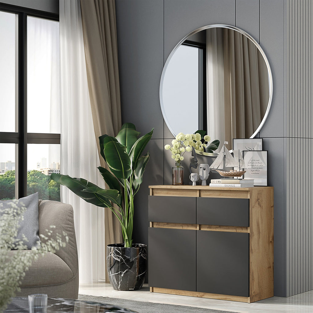 EVERT Dressoir 80 x 75 x 35 cm – Sideboard met 2 Deuren & 2 Laden, Wotan Eiken & Antracietgrijs, Opbergkast