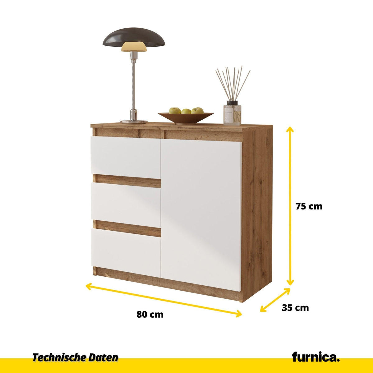 CONRAD Dressoir 80 x 75 x 35 cm – Sideboard met 1 Deur & 3 Laden, Wotan Eiken & Mat Wit, Opbergkast