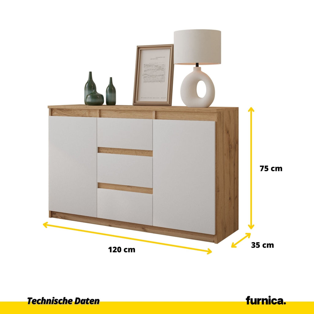 CONRAD Dressoir 120 x 75 x 35 cm – Sideboard met 2 Deuren & 3 Laden, Wotan Eiken & Mat Wit, Opbergkast