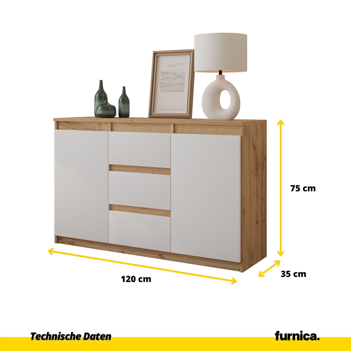 CONRAD Dressoir 120 x 75 x 35 cm – Sideboard met 2 Deuren & 3 Laden, Wotan Eiken & Mat Wit, Opbergkast