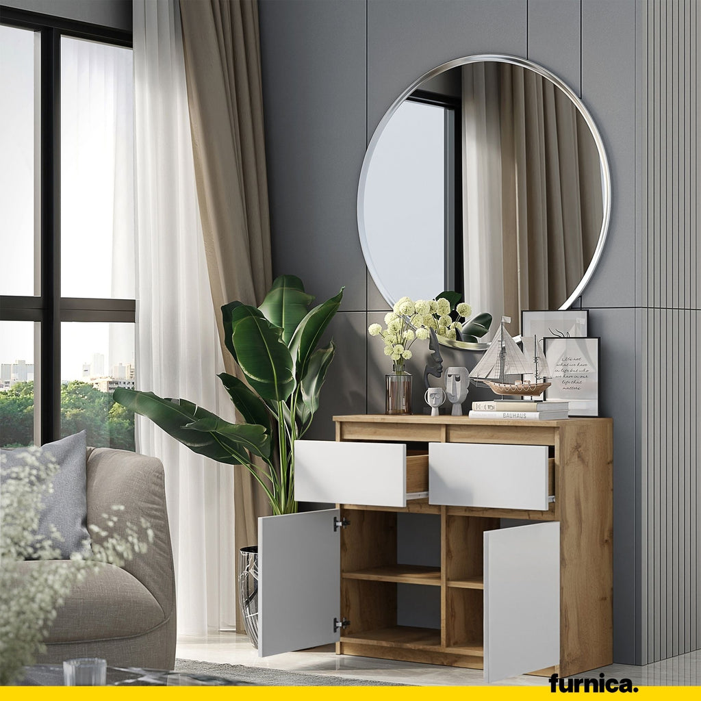 CONRAD Dressoir 80 x 75 x 35 cm – Sideboard met 2 Deuren & 2 Laden, Wotan Eiken & Mat Wit, Opbergkast