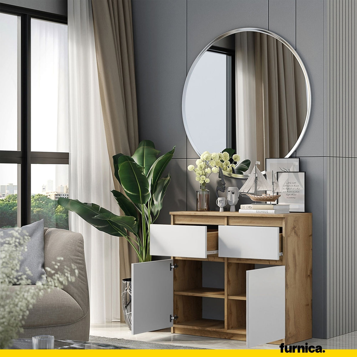 CONRAD Dressoir 80 x 75 x 35 cm – Sideboard met 2 Deuren & 2 Laden, Wotan Eiken & Mat Wit, Opbergkast