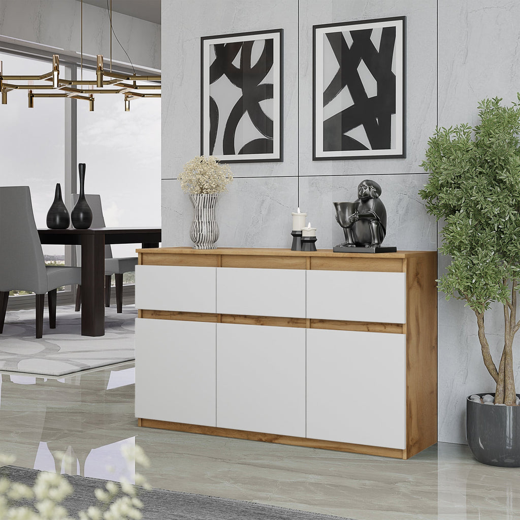 WOLTER Dressoir 120 x 75 x 35 cm – 3 Deuren & 3 Lades, Wotan Eiken & Mat Wit, Opbergkast