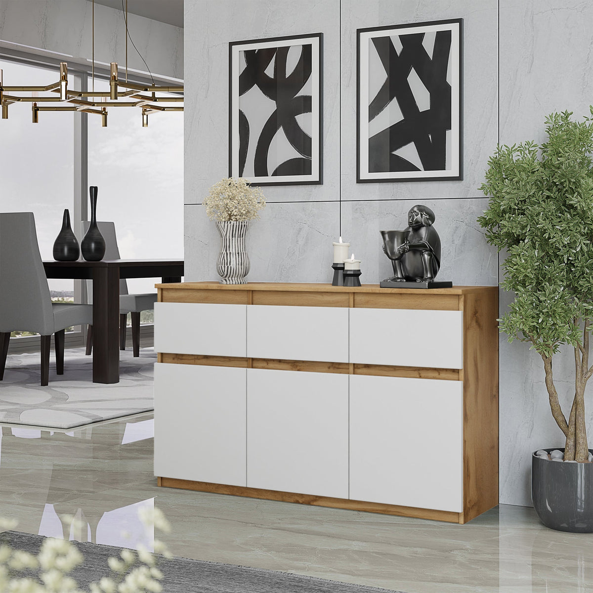 WOLTER Dressoir 120 x 75 x 35 cm – 3 Deuren & 3 Lades, Wotan Eiken & Mat Wit, Opbergkast