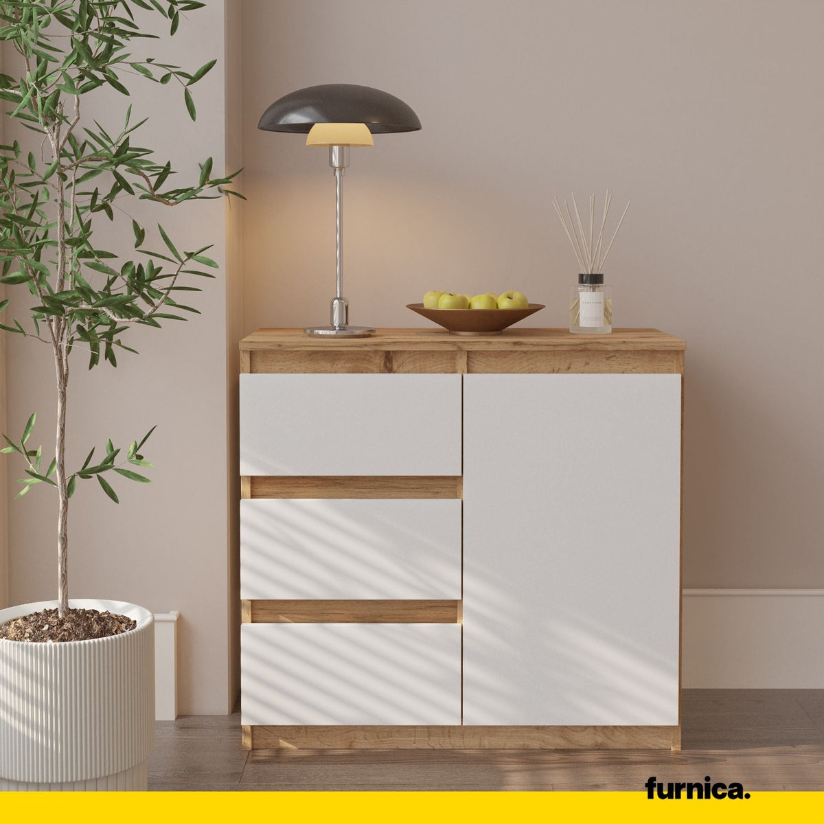 CONRAD Dressoir 80 x 75 x 35 cm – Sideboard met 1 Deur & 3 Laden, Wotan Eiken & Mat Wit, Opbergkast