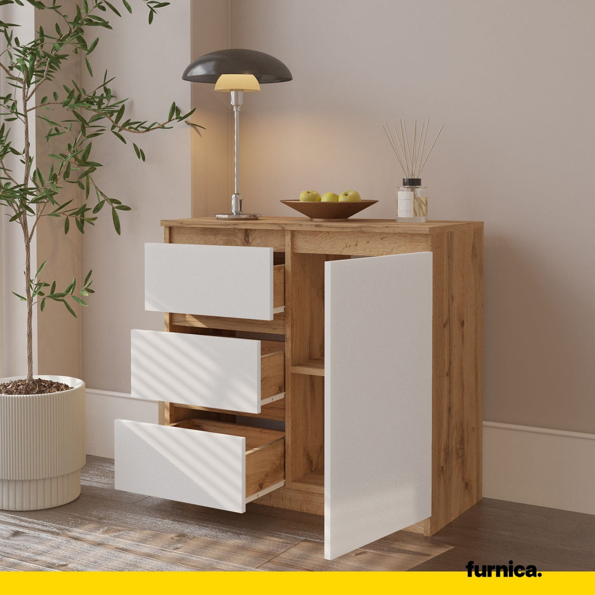 CONRAD Dressoir 80 x 75 x 35 cm – Sideboard met 1 Deur & 3 Laden, Wotan Eiken & Mat Wit, Opbergkast