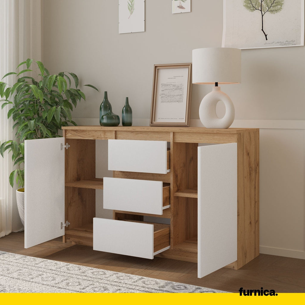 CONRAD Dressoir 120 x 75 x 35 cm – Sideboard met 2 Deuren & 3 Laden, Wotan Eiken & Mat Wit, Opbergkast