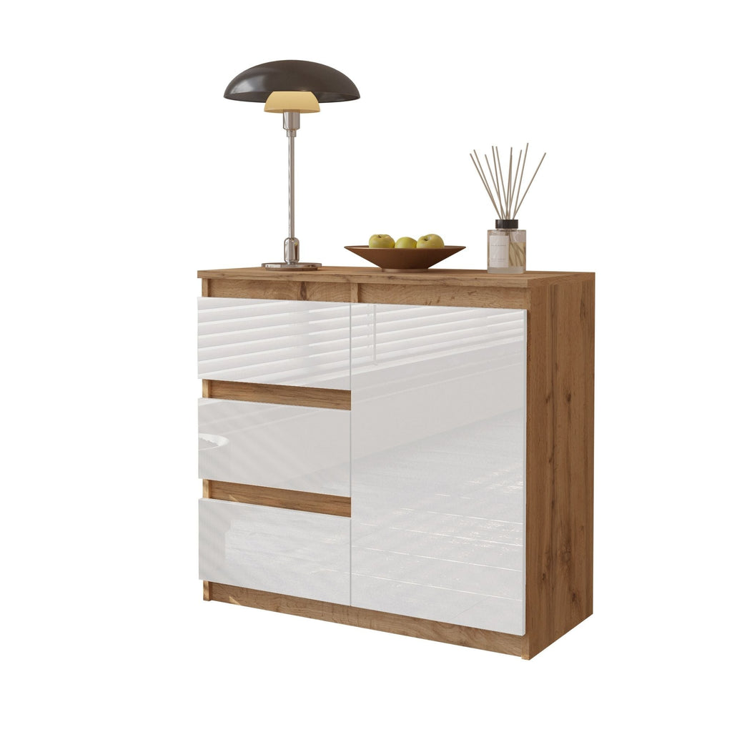 CONRAD Dressoir 80 x 75 x 35 cm – Sideboard met 1 Deur & 3 Laden, Wotan Eiken & Hoogglans Wit, Opbergkast