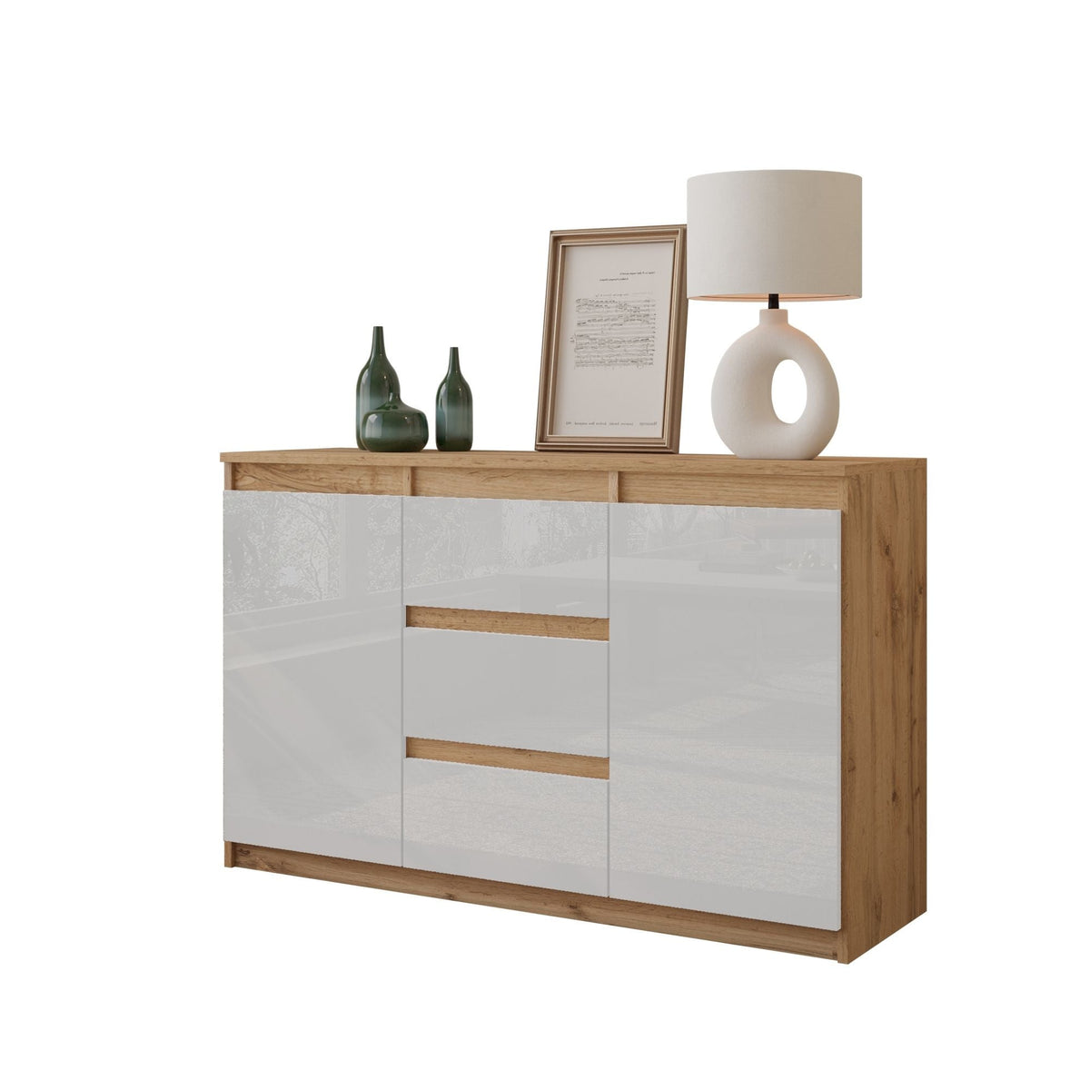 CONRAD Dressoir 120 x 75 x 35 cm – Sideboard met 2 Deuren & 3 Laden, Wotan Eiken & Hoogglans Wit, Opbergkast
