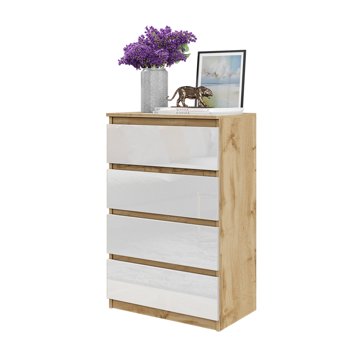 TOM Dressoir / Sideboard met 4 Laden – Wotan Eiken / Wit Hoogglans, MFC, H92 × B60 × D33 cm