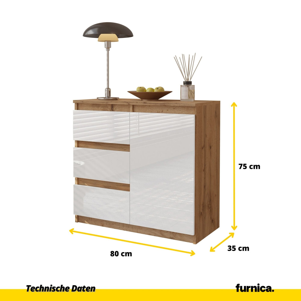 CONRAD Dressoir 80 x 75 x 35 cm – Sideboard met 1 Deur & 3 Laden, Wotan Eiken & Hoogglans Wit, Opbergkast