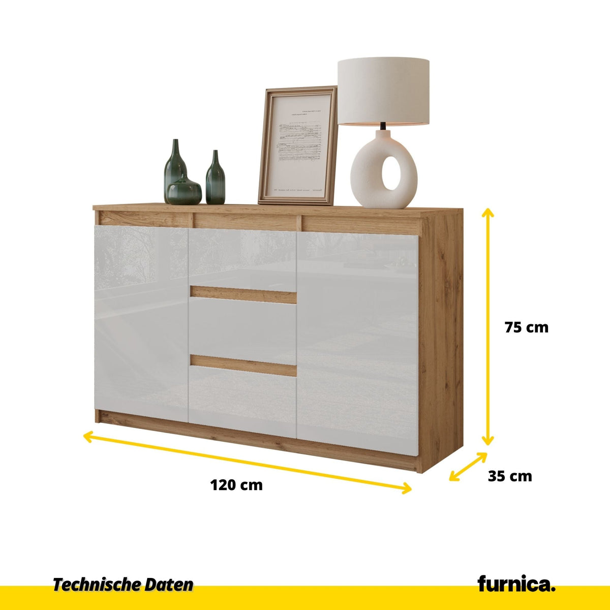 CONRAD Dressoir 120 x 75 x 35 cm – Sideboard met 2 Deuren & 3 Laden, Wotan Eiken & Hoogglans Wit, Opbergkast