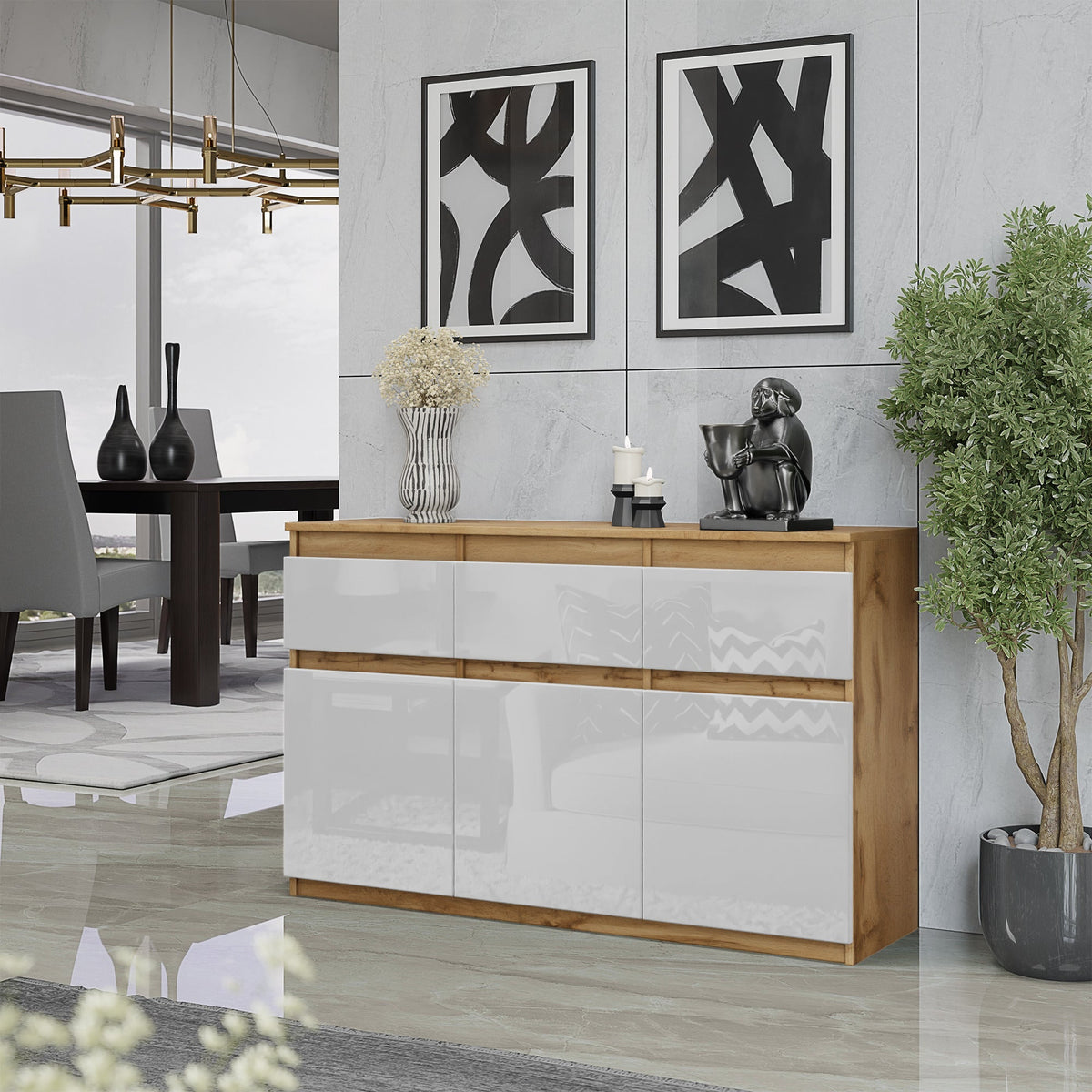 WOLTER Dressoir 120 x 75 x 35 cm – 3 Deuren en 3 Laden, Wotan Eiken en Hoogglans Wit