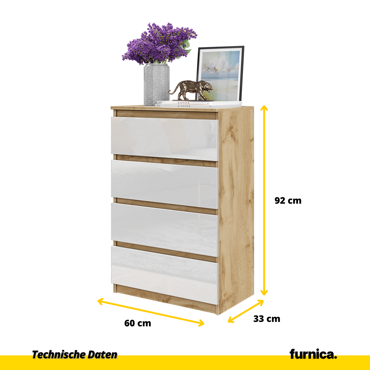TOM Dressoir / Sideboard met 4 Laden – Wotan Eiken / Wit Hoogglans, MFC, H92 × B60 × D33 cm