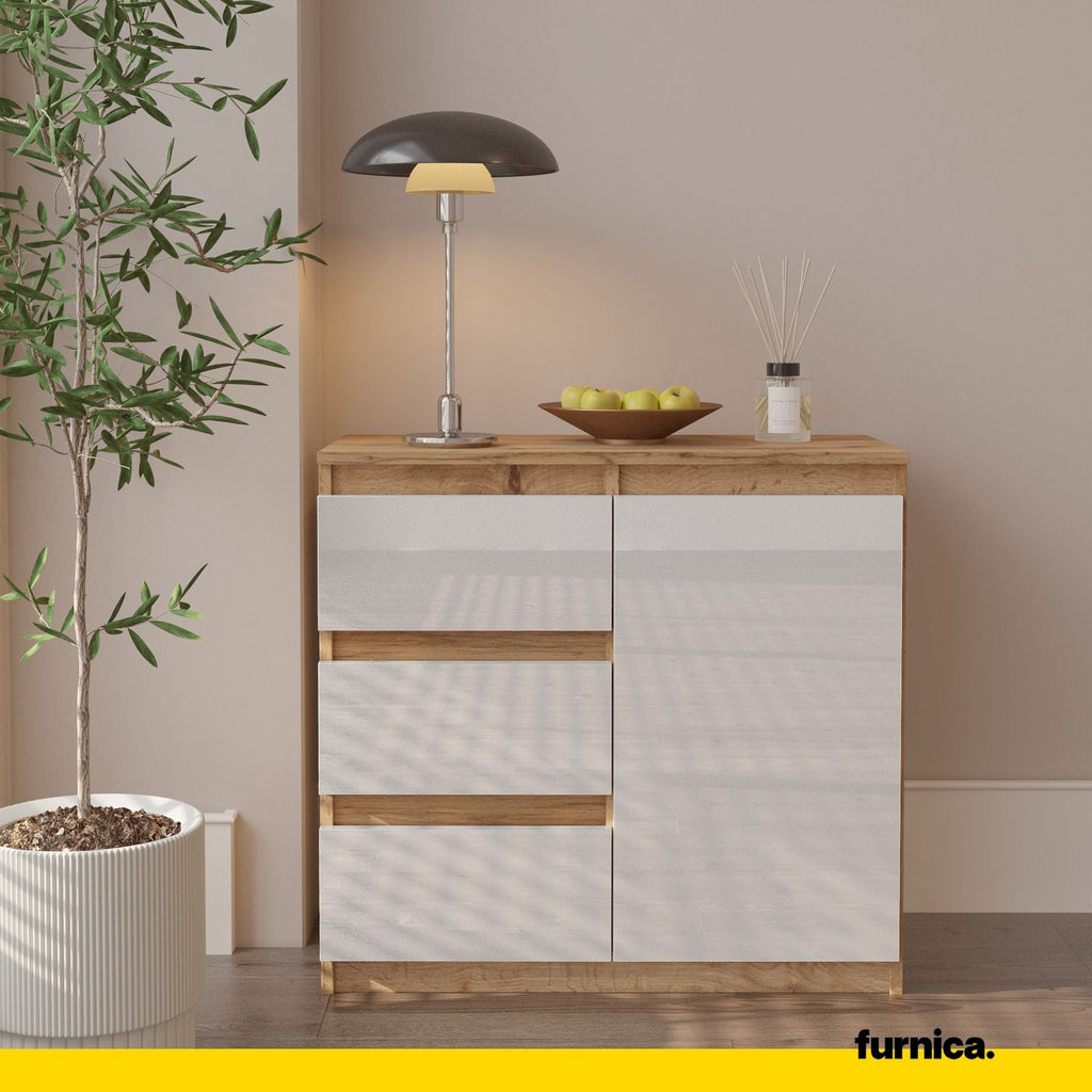 CONRAD Dressoir 80 x 75 x 35 cm – Sideboard met 1 Deur & 3 Laden, Wotan Eiken & Hoogglans Wit, Opbergkast