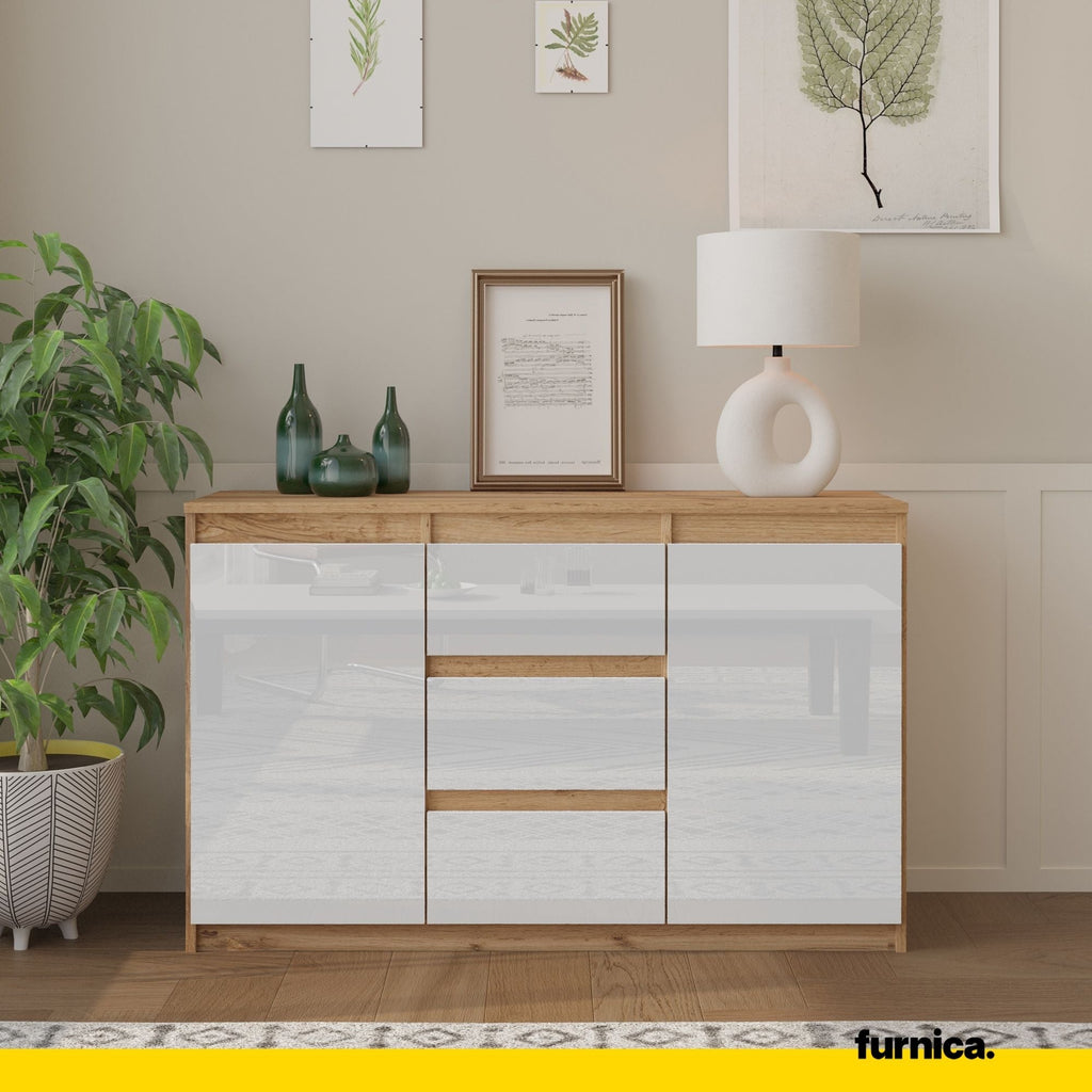 CONRAD Dressoir 120 x 75 x 35 cm – Sideboard met 2 Deuren & 3 Laden, Wotan Eiken & Hoogglans Wit, Opbergkast