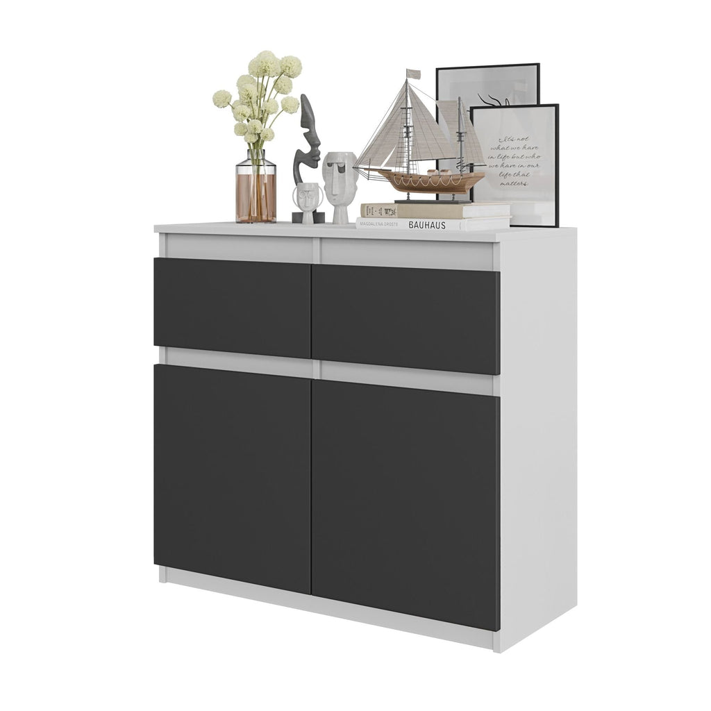 EGBERT Dressoir 80 x 75 x 35 cm – Sideboard met 2 Deuren & 2 Laden, Mat Wit & Antracietgrijs, Opbergkast