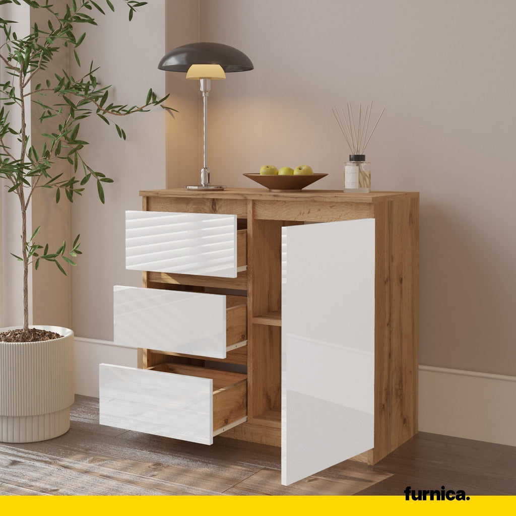 CONRAD Dressoir 80 x 75 x 35 cm – Sideboard met 1 Deur & 3 Laden, Wotan Eiken & Hoogglans Wit, Opbergkast