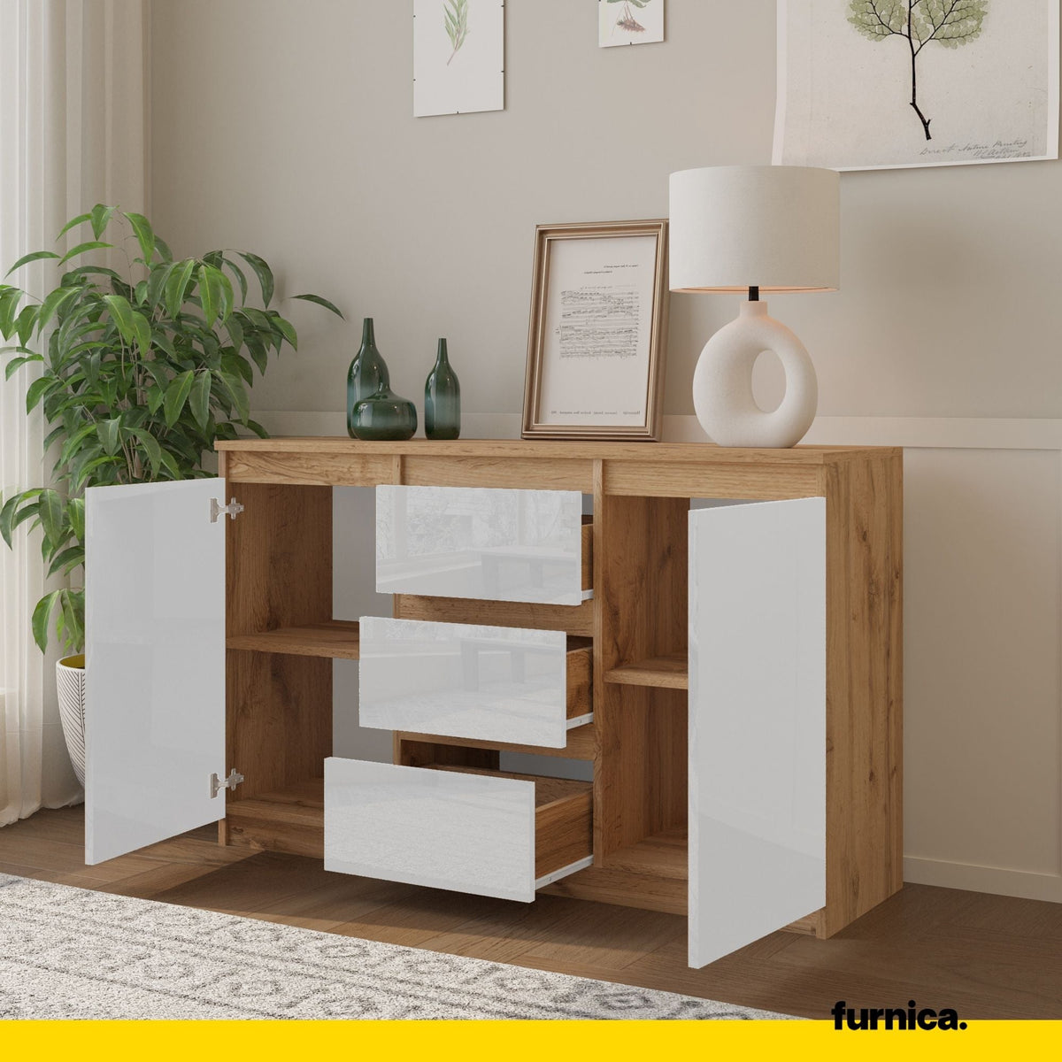 CONRAD Dressoir 120 x 75 x 35 cm – Sideboard met 2 Deuren & 3 Laden, Wotan Eiken & Hoogglans Wit, Opbergkast