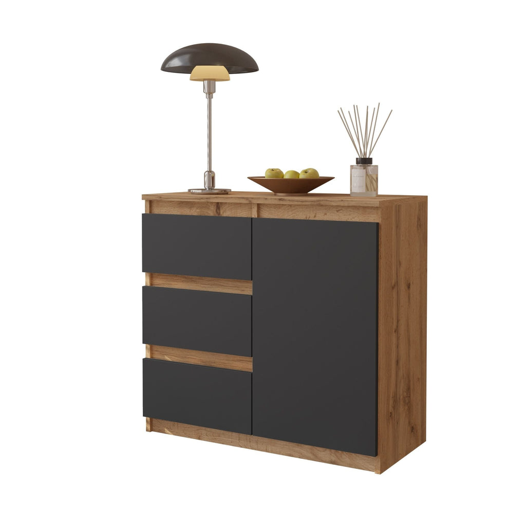 EVERT Dressoir 80 x 75 x 35 cm – Sideboard met 1 Deur & 3 Laden, Wotan Eiken & Antracietgrijs, Opbergkast