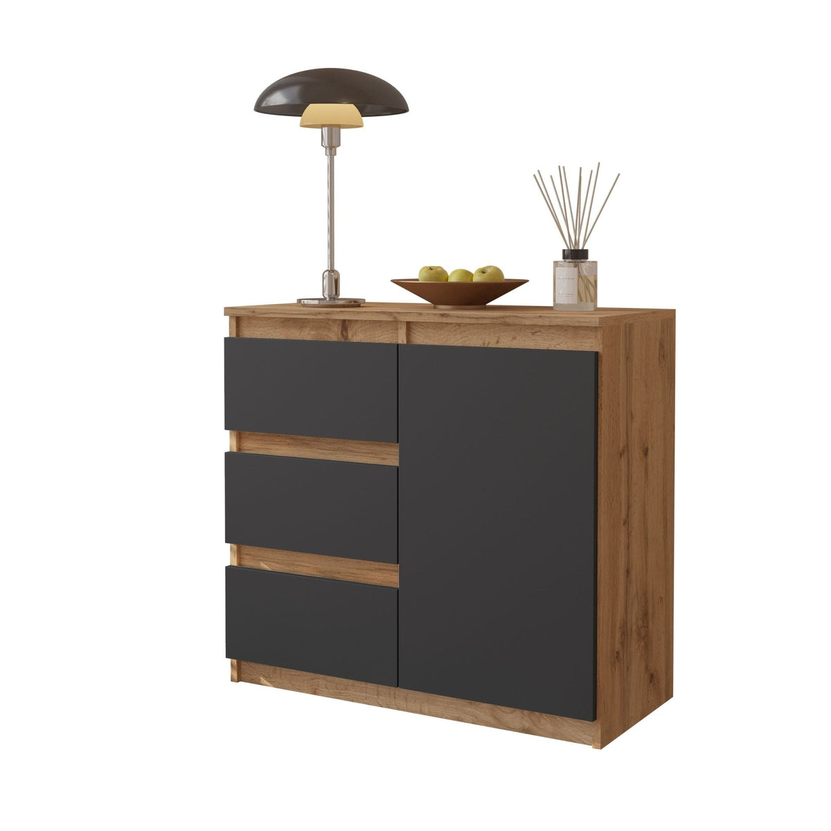 EVERT Dressoir 80 x 75 x 35 cm – Sideboard met 1 Deur & 3 Laden, Wotan Eiken & Antracietgrijs, Opbergkast