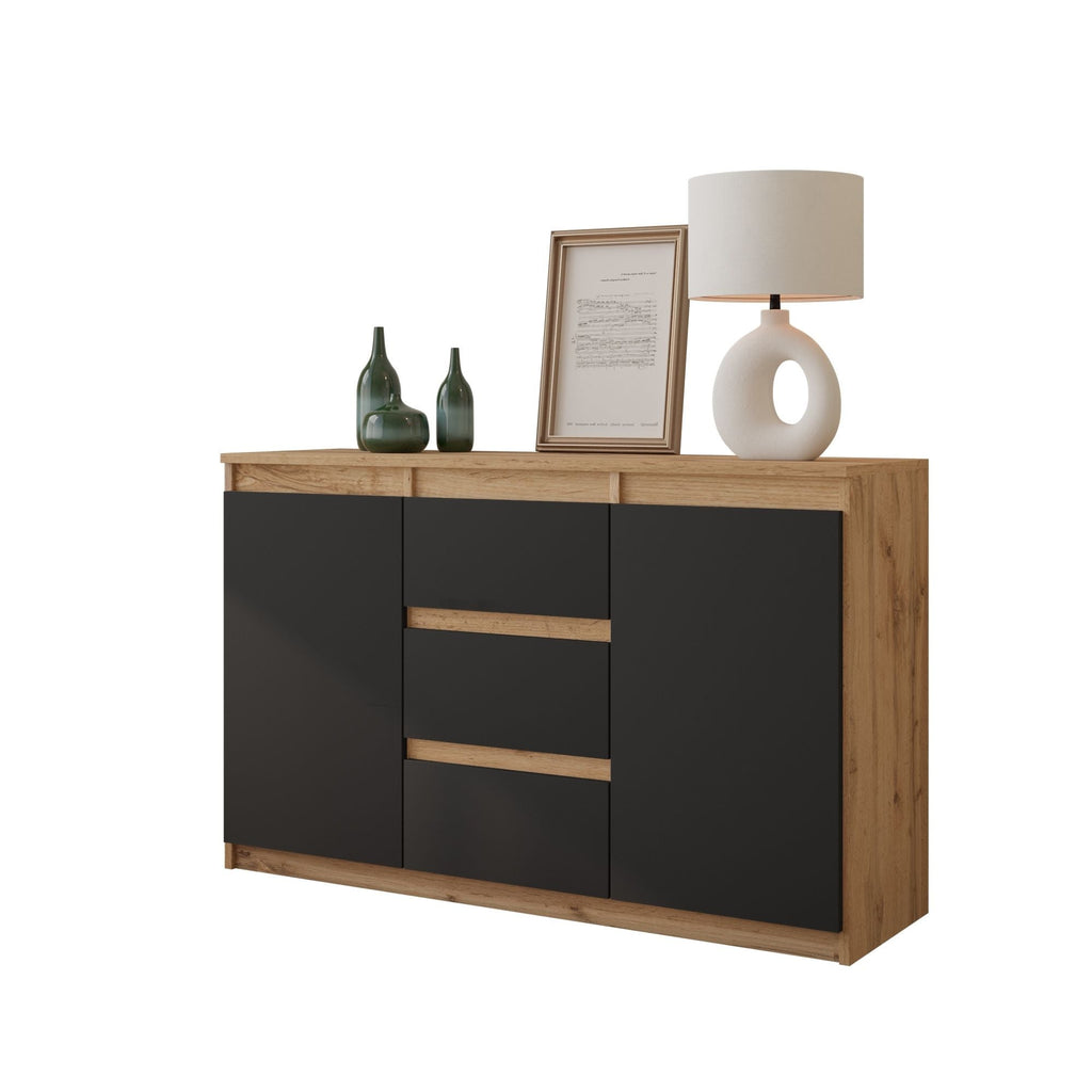 EVERT Dressoir 120 x 75 x 35 cm – Sideboard met 2 Deuren & 3 Laden, Wotan Eiken & Antracietgrijs, Opbergkast