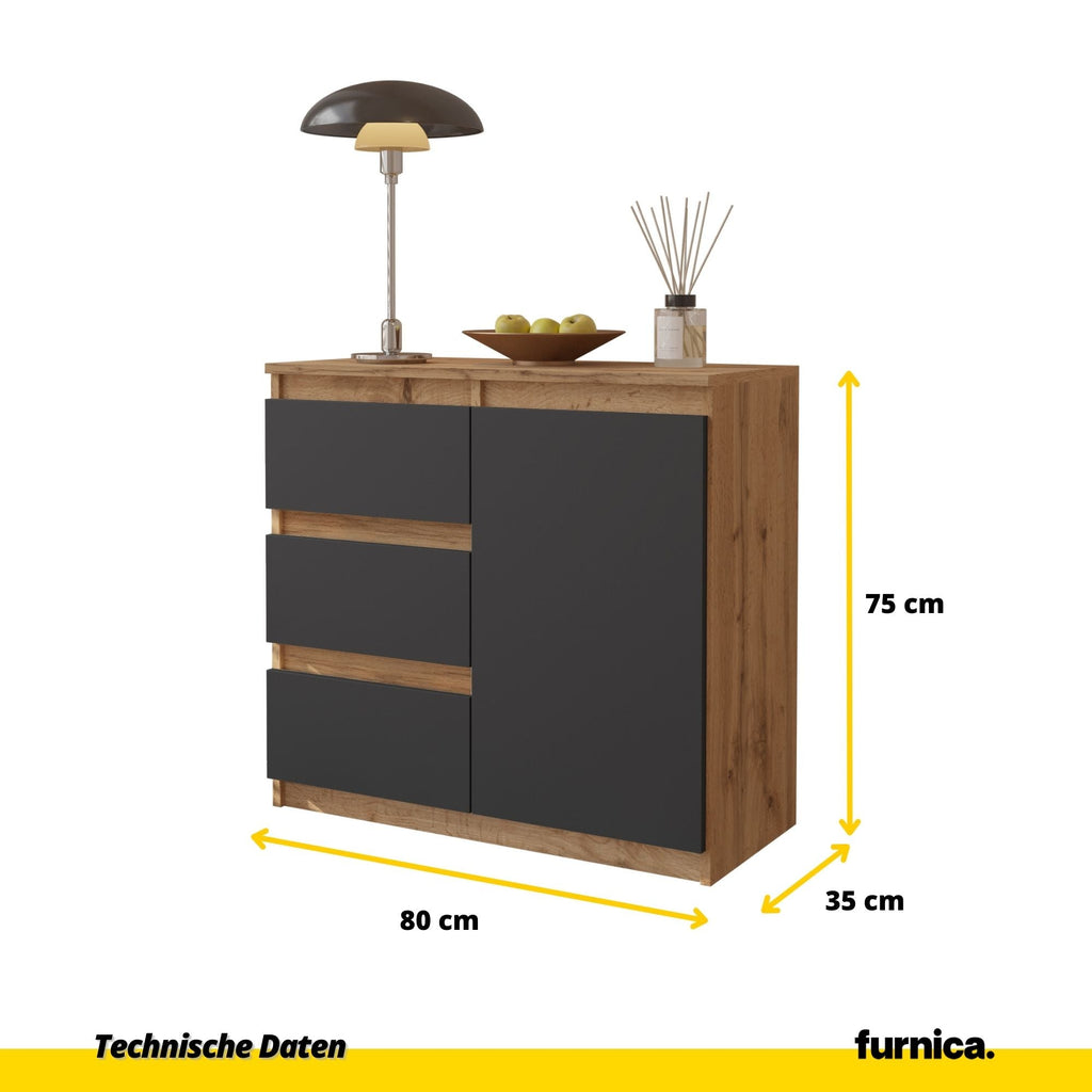 EVERT Dressoir 80 x 75 x 35 cm – Sideboard met 1 Deur & 3 Laden, Wotan Eiken & Antracietgrijs, Opbergkast