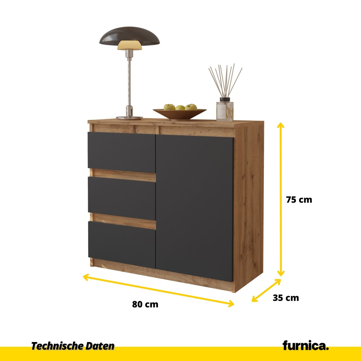 EVERT Dressoir 80 x 75 x 35 cm – Sideboard met 1 Deur & 3 Laden, Wotan Eiken & Antracietgrijs, Opbergkast