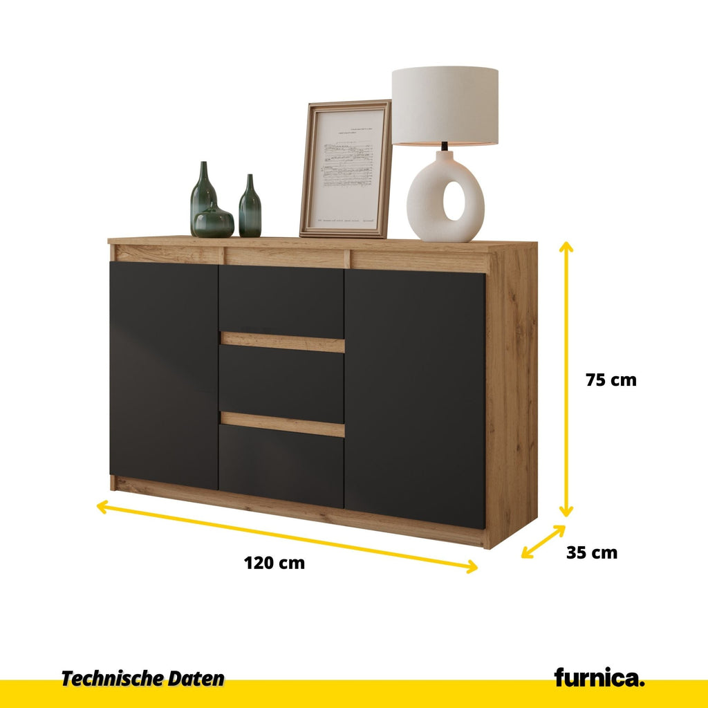 EVERT Dressoir 120 x 75 x 35 cm – Sideboard met 2 Deuren & 3 Laden, Wotan Eiken & Antracietgrijs, Opbergkast