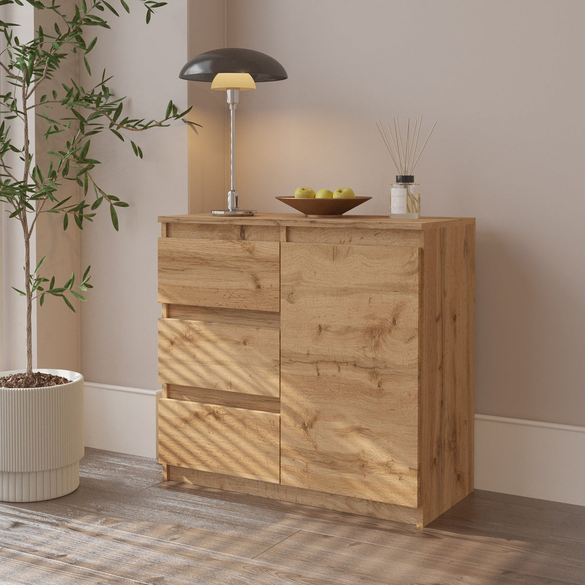 JUSTUS Dressoir 80 x 75 x 35 cm – Sideboard met 1 Deur & 3 Laden, Wotan Eiken, Opbergkast