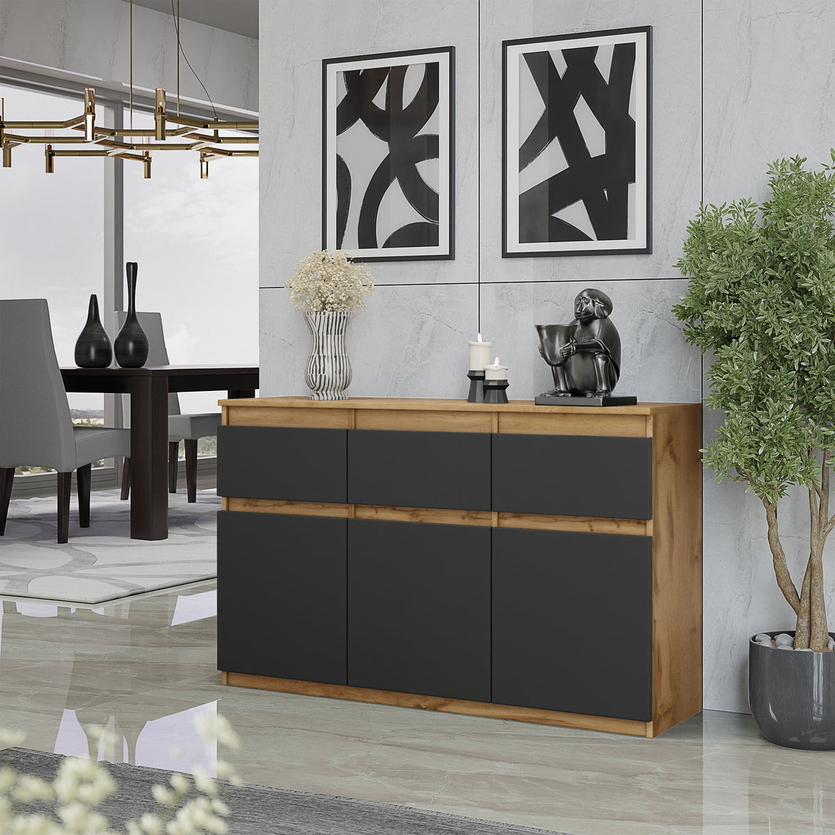 BRAM Dressoir 120 x 75 x 35 cm – 3 Deuren & 3 Lades, Wotan Eiken & Antracietgrijs