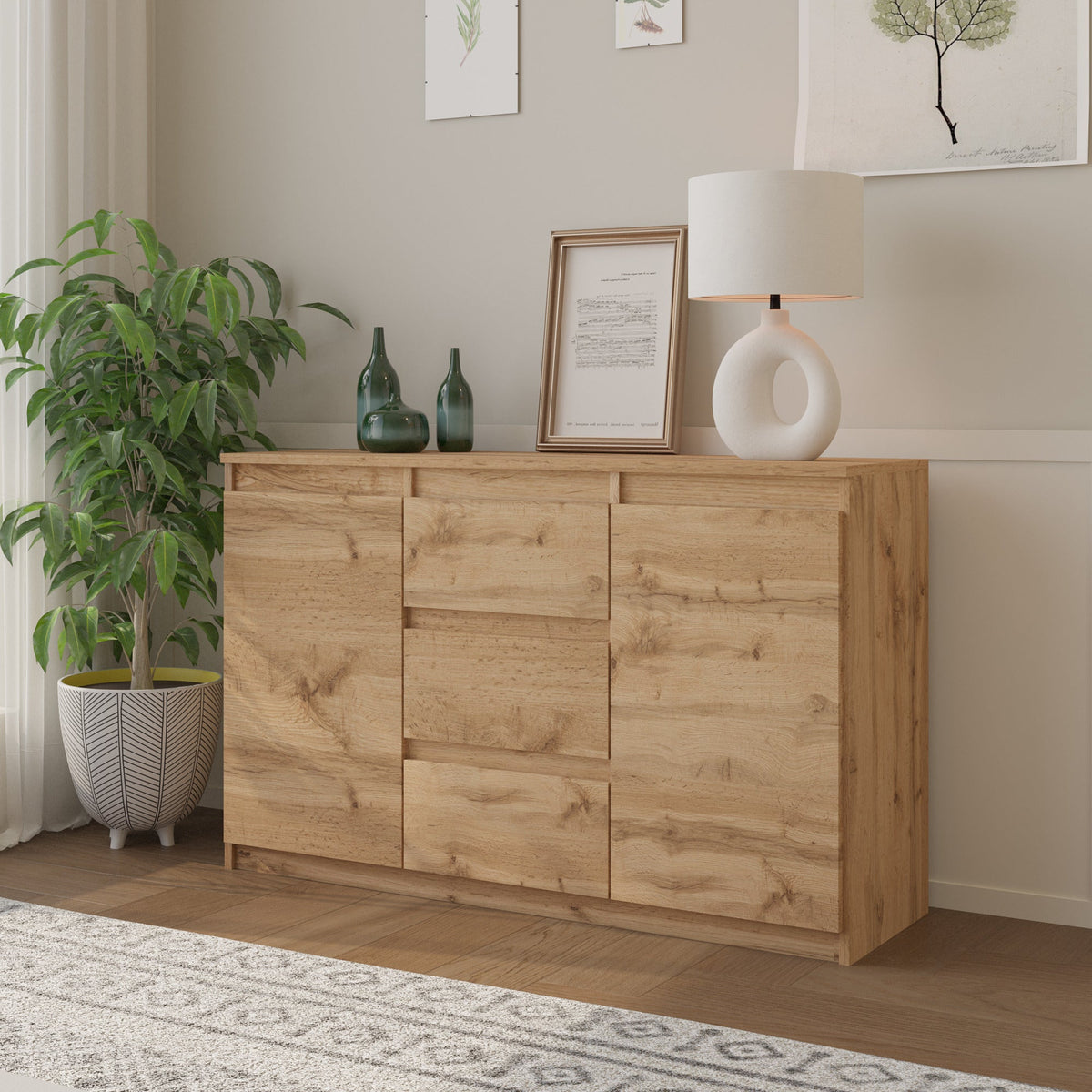 LUITZEN Dressoir 120 x 75 x 35 cm – Sideboard met 2 Deuren & 3 Laden, Wotan Eiken, Opbergkast