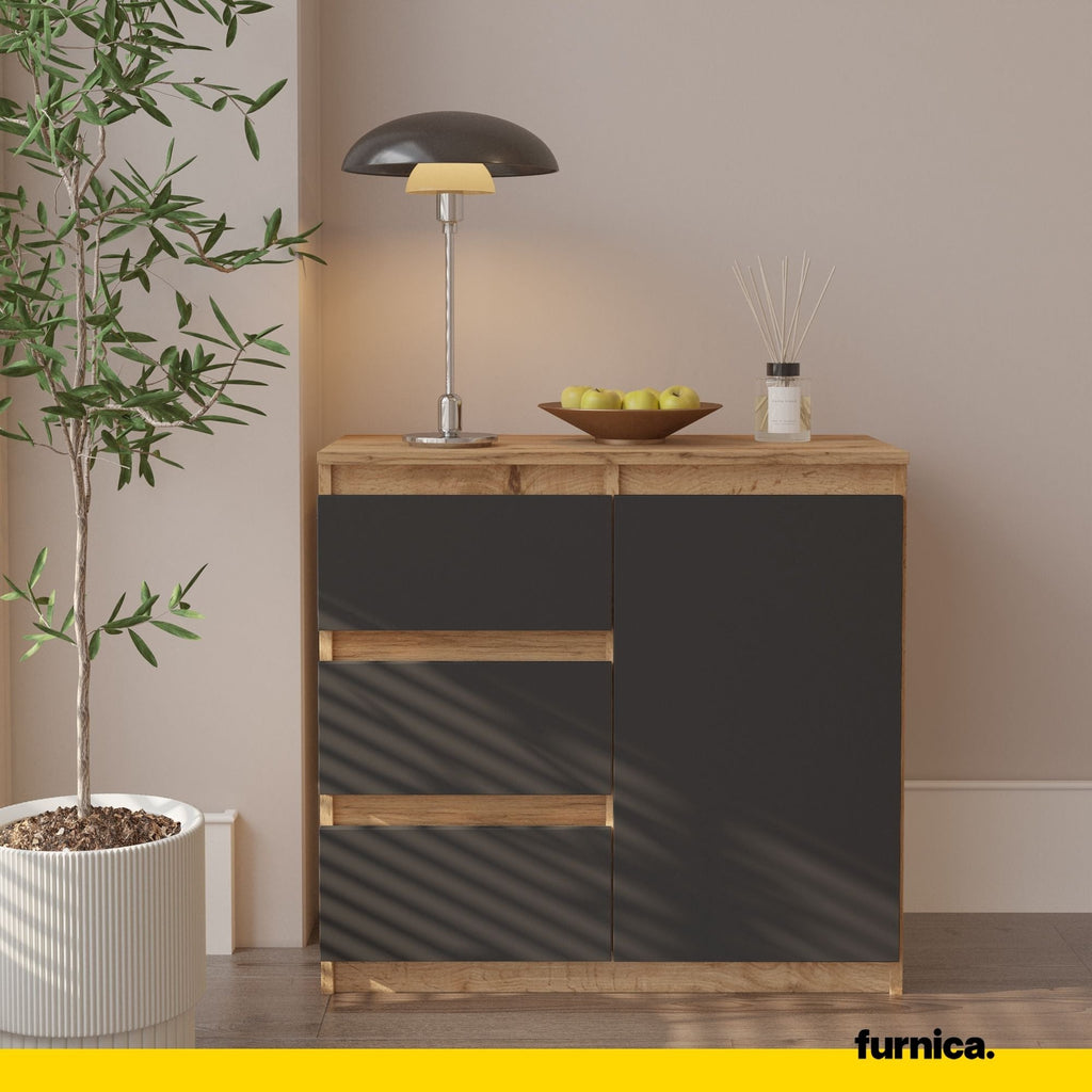 EVERT Dressoir 80 x 75 x 35 cm – Sideboard met 1 Deur & 3 Laden, Wotan Eiken & Antracietgrijs, Opbergkast