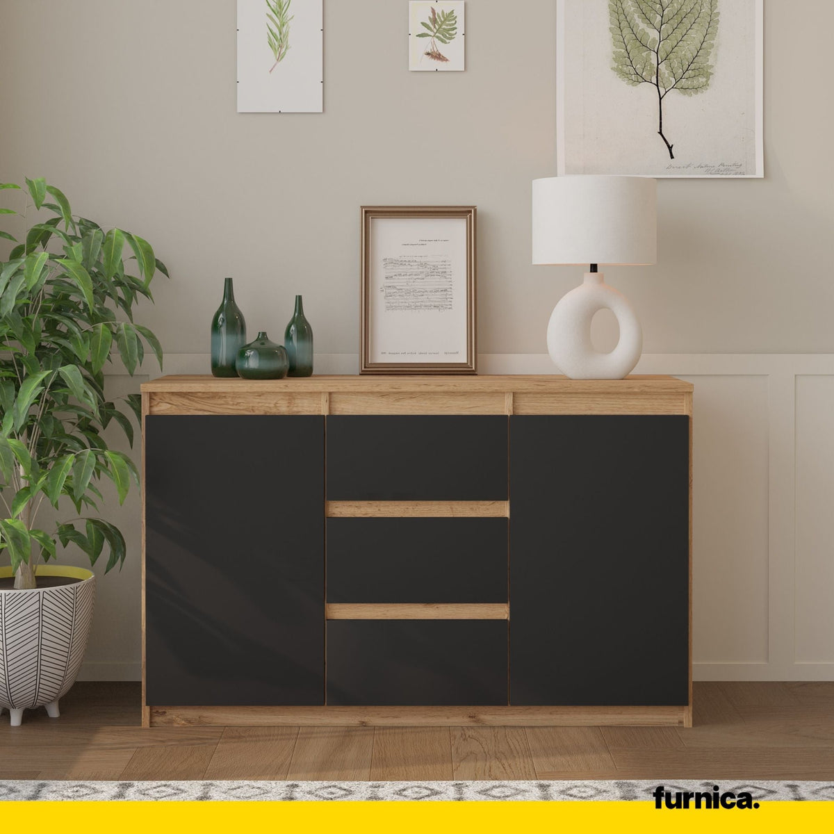 EVERT Dressoir 120 x 75 x 35 cm – Sideboard met 2 Deuren & 3 Laden, Wotan Eiken & Antracietgrijs, Opbergkast