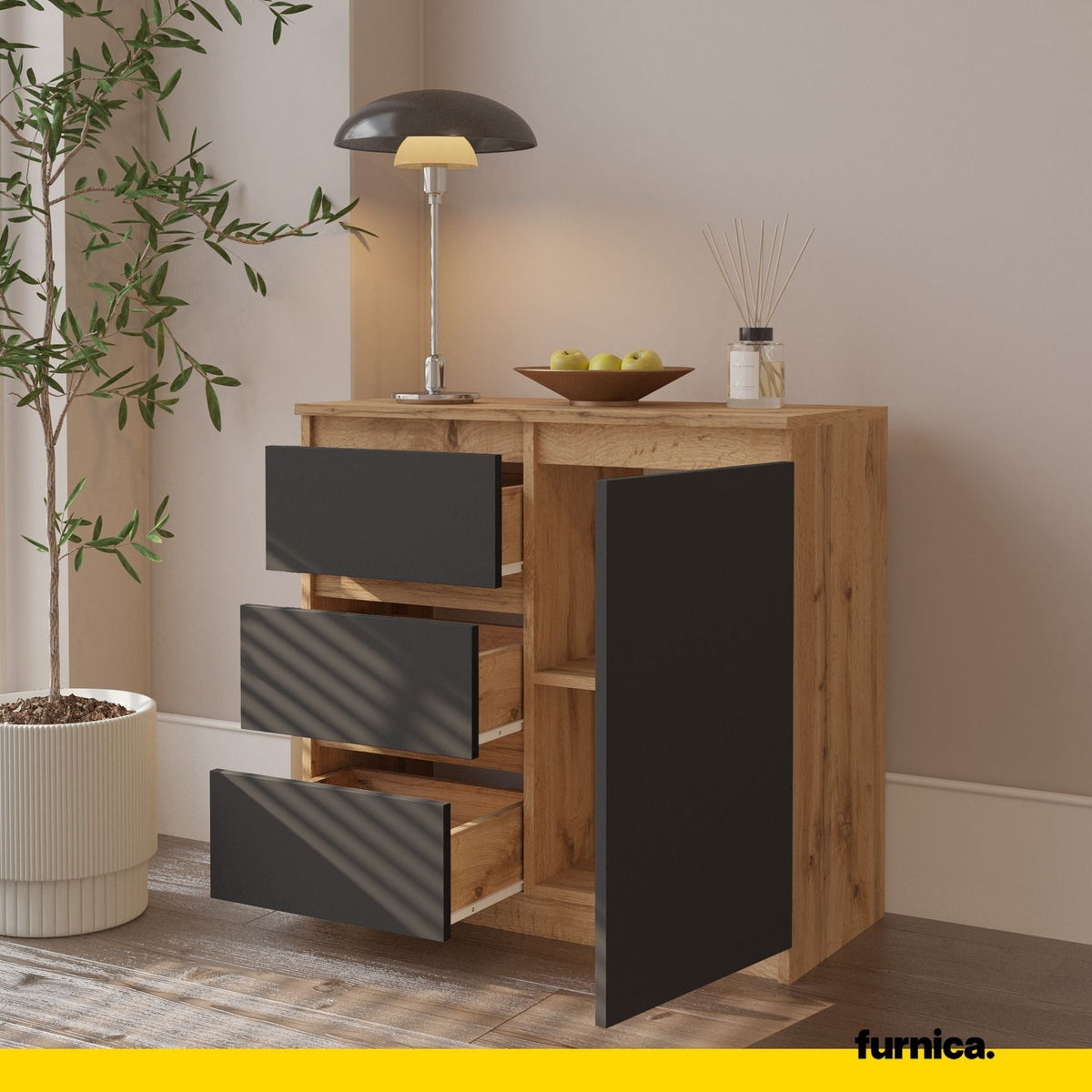 EVERT Dressoir 80 x 75 x 35 cm – Sideboard met 1 Deur & 3 Laden, Wotan Eiken & Antracietgrijs, Opbergkast