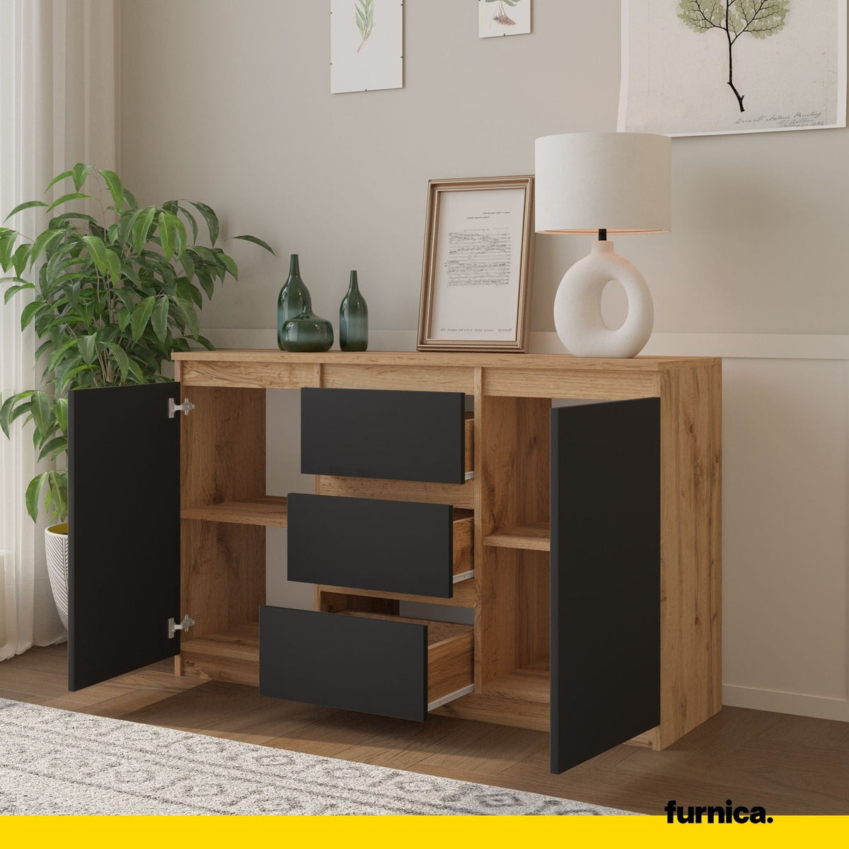 EVERT Dressoir 120 x 75 x 35 cm – Sideboard met 2 Deuren & 3 Laden, Wotan Eiken & Antracietgrijs, Opbergkast