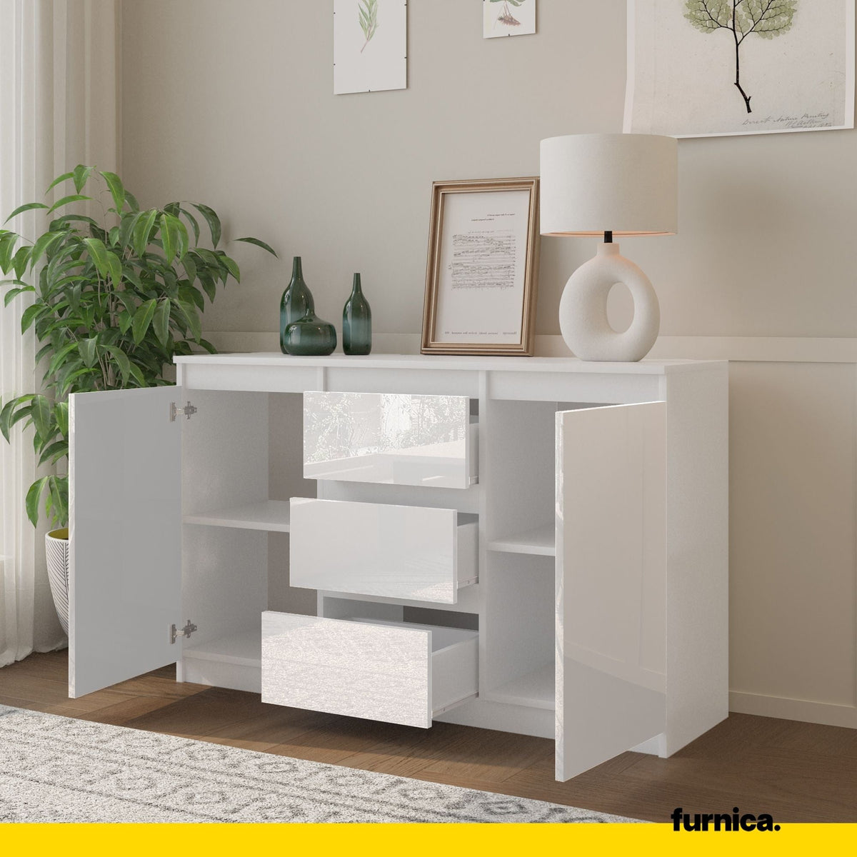 WALDO Dressoir 120 x 75 x 35 cm – Sideboard met 2 Deuren & 3 Laden, Mat Wit & Hoogglans Wit, Opbergkast