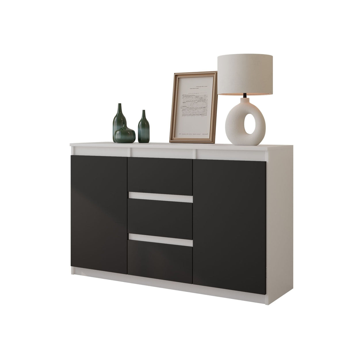 VIGGO Dressoir 120 x 75 x 35 cm – Sideboard met 2 Deuren & 3 Laden, Mat Wit & Antracietgrijs, Opbergkast