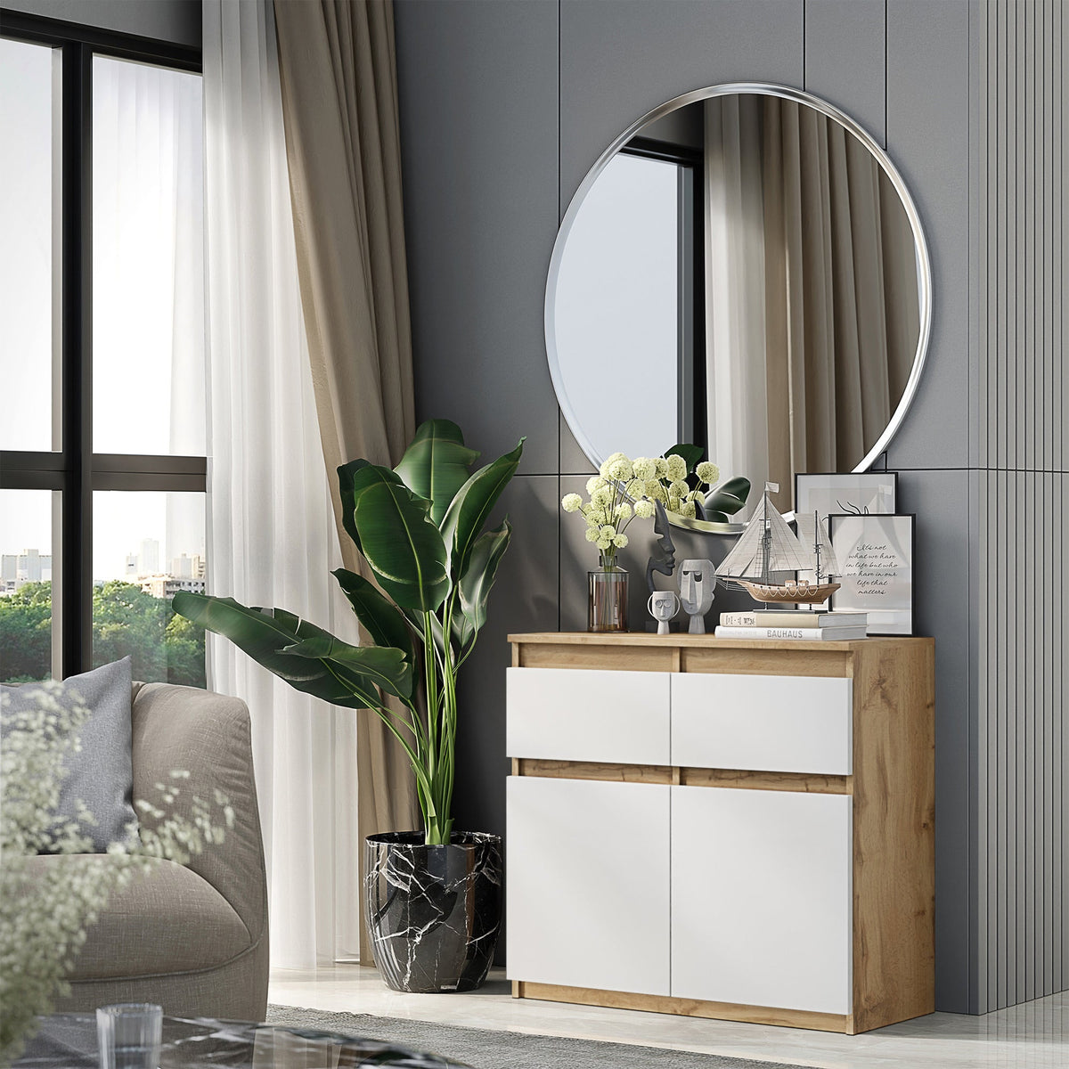 CONRAD Dressoir 80 x 75 x 35 cm – Sideboard met 2 Deuren & 2 Laden, Wotan Eiken & Mat Wit, Opbergkast