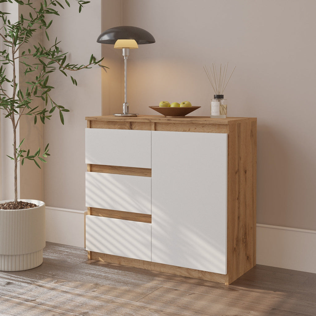CONRAD Dressoir 80 x 75 x 35 cm – Sideboard met 1 Deur & 3 Laden, Wotan Eiken & Mat Wit, Opbergkast
