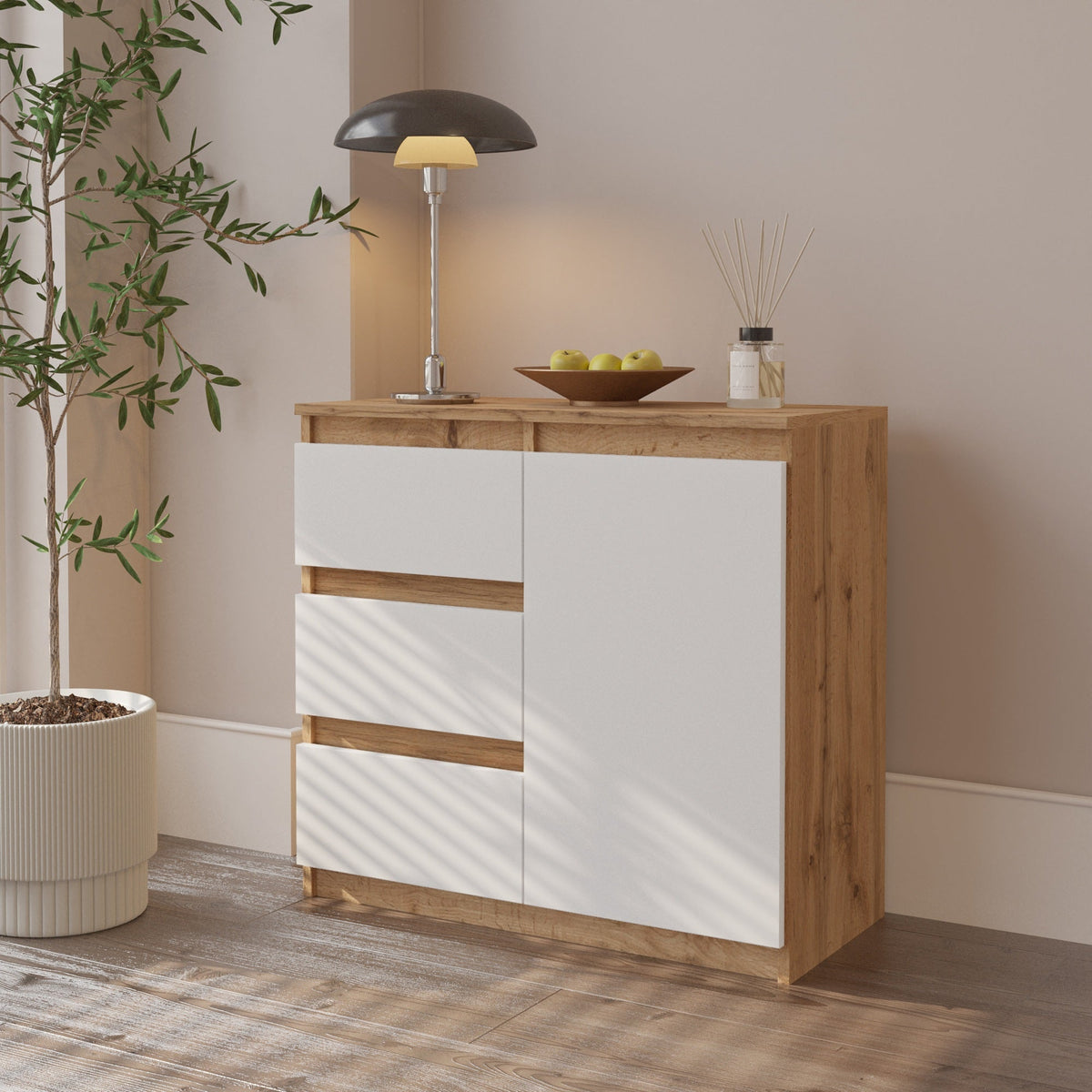 CONRAD Dressoir 80 x 75 x 35 cm – Sideboard met 1 Deur & 3 Laden, Wotan Eiken & Mat Wit, Opbergkast